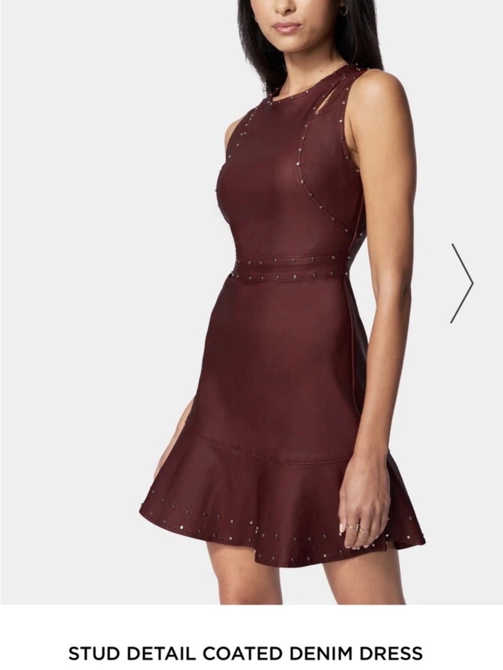 bebe Sleeveless Stud-Trim Coated Denim Dress in Burgundy